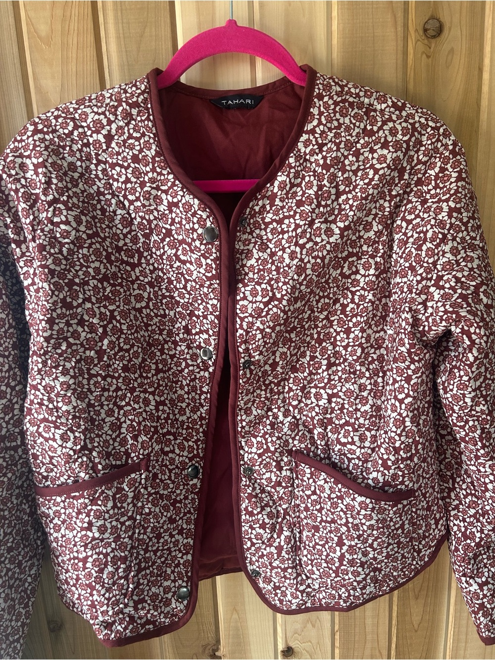 Tahari Burgundy and White Floral Quilted Blazer